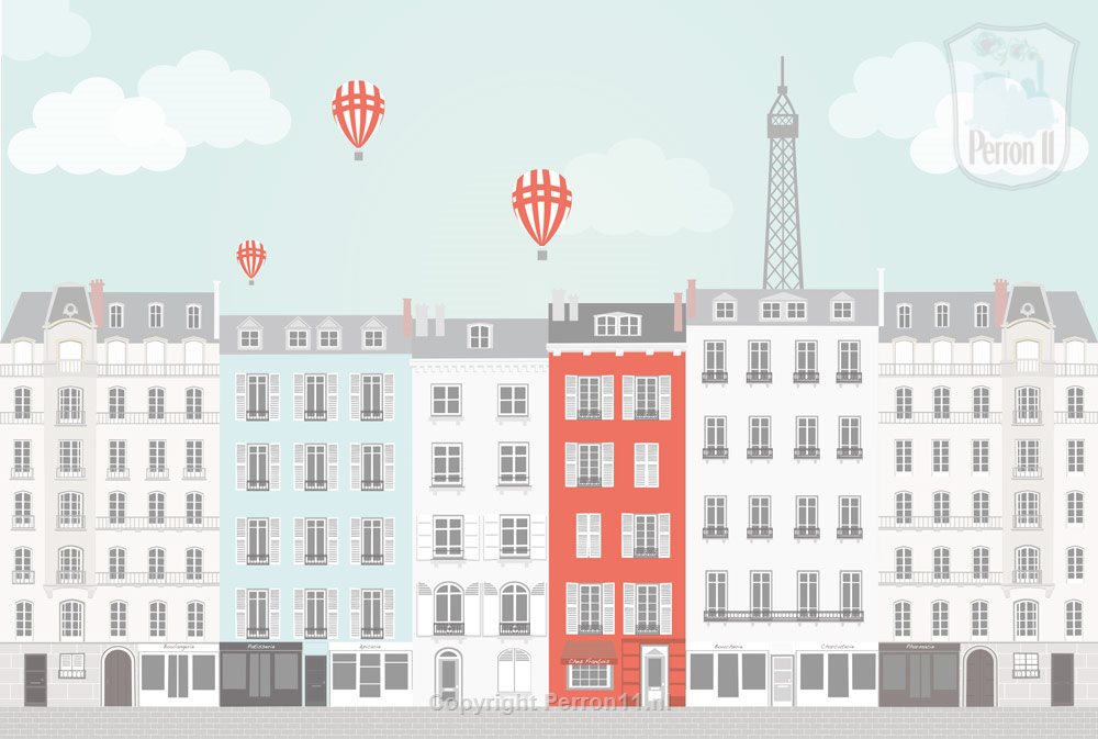 Paris city poster wallpaper boys maid room teen room with balloons and Eiffel Tower